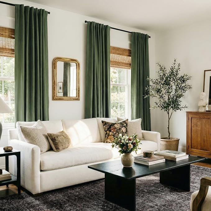 Faux Linen Total Blackout Curtains for Bedroom 96 Inches Long, Moss Green | 100% Blackout Shield, Back Tab/Rod Pocket Living Room Drapes, Thermal Insulated Blackout Curtains 2 Panels Set, 50"W x 96"L
