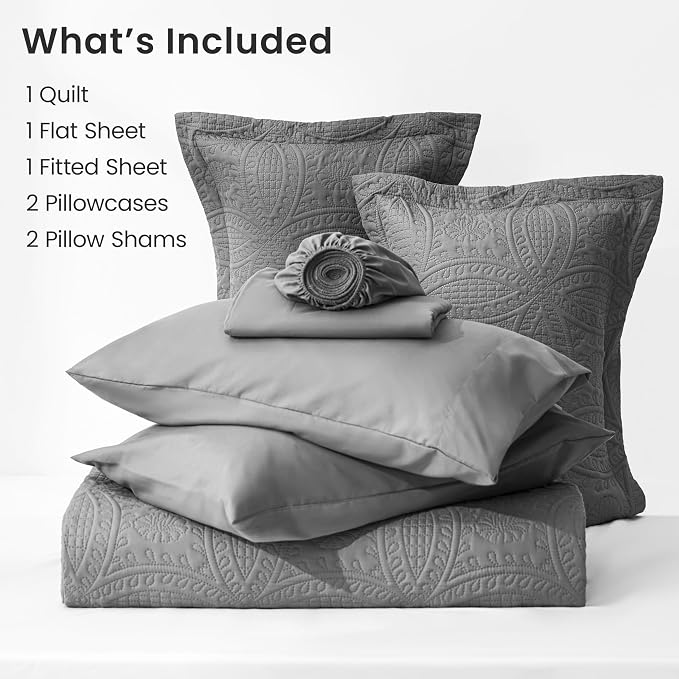 Love's cabin Queen Quilt Set Grey, Bed in a Bag Queen Size Bedding 7 Pieces, Ultrasonic Embossed Coin Pattern Comforter, Lightweight Bedspreads for All Seasons Quilt with Sheets, Pillowcases & Shams