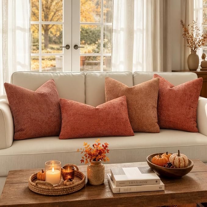 MIULEE Fall Decorative Couch Throw Pillow Covers 16x16 Burnt Orange 2 Pack | Modern Boho Accent, Soft Chenille Pillow Covers, Farmhouse Cushion Cases for Home Decor Bed Sofa Living Room