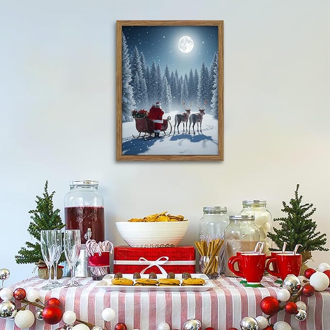 Framed Christmas Pictures Wall Decor, Santa Delivering Christmas Gifts Canvas Prints, Winter Holidays Pine Trees Wall Art, Christmas Snow Scene Santa Reindeer Decorations – 12x16in