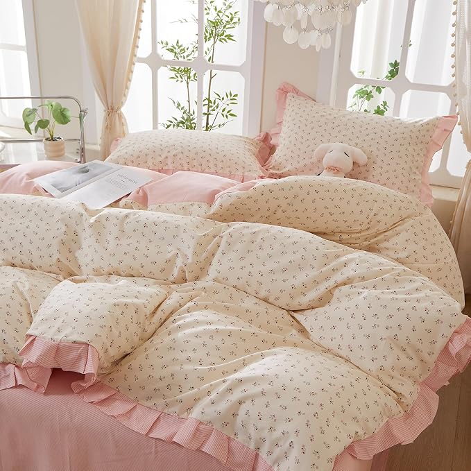 mixinni Pink Floral Duvet Cover Set Twin Size – 100% Cotton Ruffle Lace Bedding, Romantic Blushing Flower Print, Reversible Striped Pattern, Cottagecore Soft Aesthetic Princess Bedding for Girls