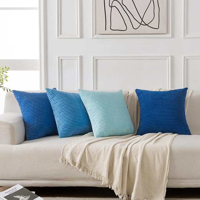 Volcanics Set of 4 Light Blue Corduroy Couch Throw Pillow Covers 18x18 in | Decorative Soft Modern Boho Striped Accent Cushion Cases for Beach, Patio, Balcony, Summer Gradient Shams Home Decor
