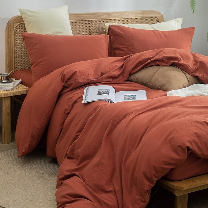 BESTOUCH Cotton Solid Duvet Cover Set Linen Feel Crimson Red King | 100% Washed Cotton, Soft Wrinkle Texture, Hidden Zipper, 8 Ties, Breathable Lightweight Durable Comfy, 3 Pcs No Insert