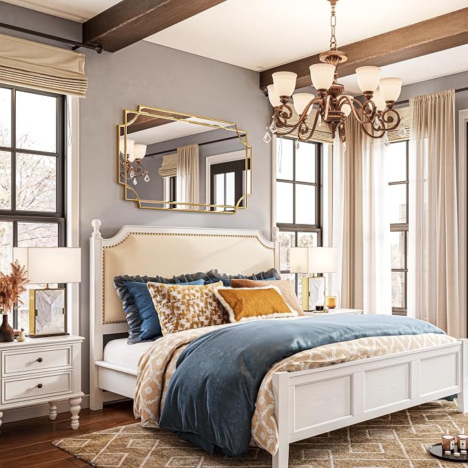 Kelly Miller 30"x48" Gold Foil Scalloped Edge Decorative Vanity Wall Mirror | Hand-Applied Gold Foil Finish. HD Mirror With French Cleat. Elegant Beveled Wall Mirror Decor For Bathroom Bedroom Entryway.