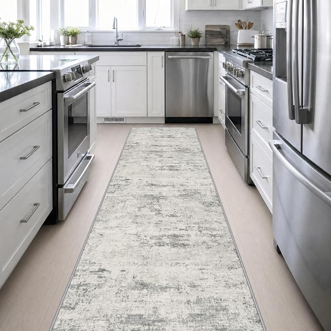 3x14 Washable Runner Rug：Modern Abstract Kitchen Soft Carpet Gray | For Hallway, Bedroom, Kitchen, Laundry, Bathroom,Door Mat,Modern Abstract,Machine washable,Non-Slip,Stain Resistant,Indoor