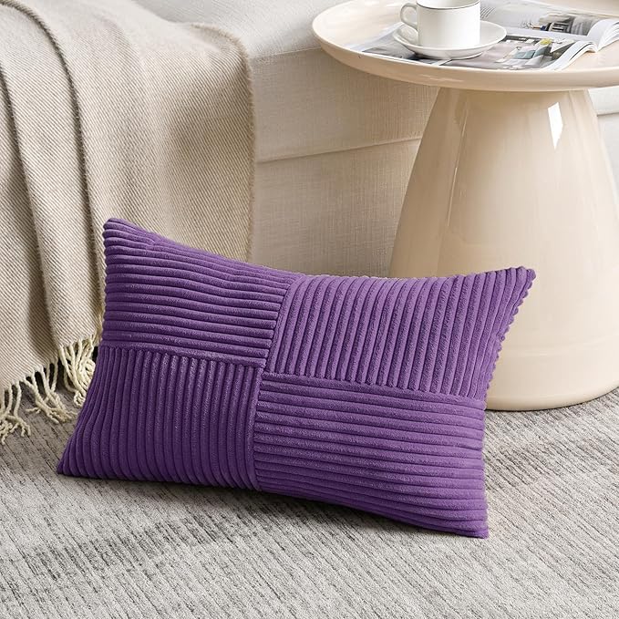 Fancy Homi Set of 2, Purple Patchwork Corduroy Decorative Soft Striped Modern Accent Cushion Case Farmhouse Boho Neutral Throw Pillow Covers for Chair Couch Bed Sofa Living Room 28x20 Inch