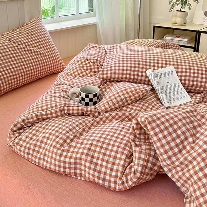 LifeTB Gingham Comforter Set King Modern Style Plaid Checkered Comforter Fluffy Soft Red Orange Grid Bedding Set Lightweight Gingham Bedding Comforter Farmhouse Checkered Comforter Set