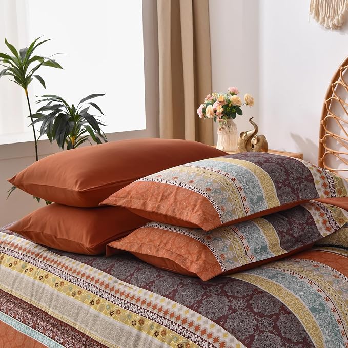 Cottolester Boho Comforter Set Queen Size,8 Pieces Red and Orange Bohemian Striped Bed in a Bag,Paisley Soft Microfiber Bedding Comforter Set
