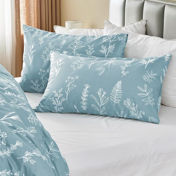 MUXHOMO Duvet Cover Twin/Twin XL Size Set, Reversible Floral Mineral Blue Duvet Cover with Zipper Closure, 2 Pieces Botanical Patterns Soft Bedding Set with 4 Ties (68"x90", 1 Pillow Case)