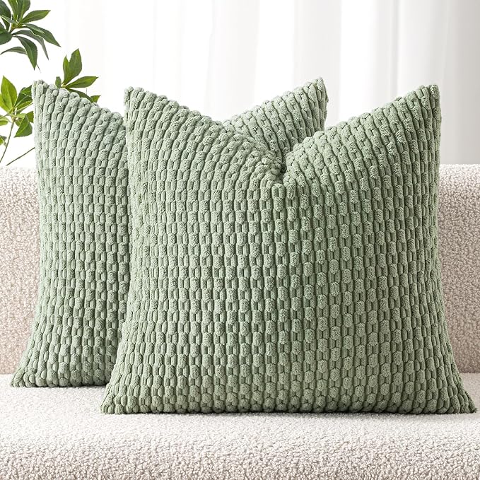 MIULEE Euro Sham Decorative Throw Pillow Covers 24x24 Sage Green Corduroy | Textured Striped Pack of 2 Striped Pillow Covers Modern Farmhouse Home Decor for Couch Bed Sofa Living Room