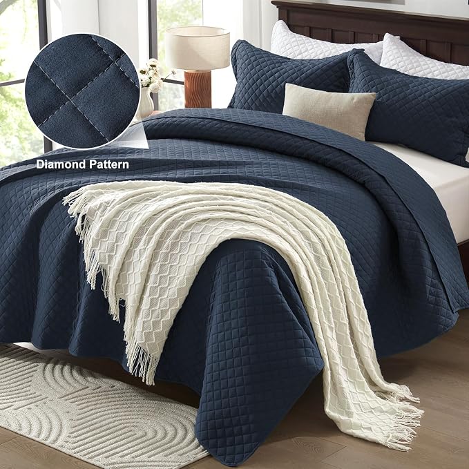 SunStyle Home King Quilt Bedding Set, Lightweight Summer Bedspreads,Navy | Soft Coverlet With 2 Pillow Shams,Morden Style Quilts for All Season,Suitable for Bed,Couch,Bedroom,Guest Room,106"X96"