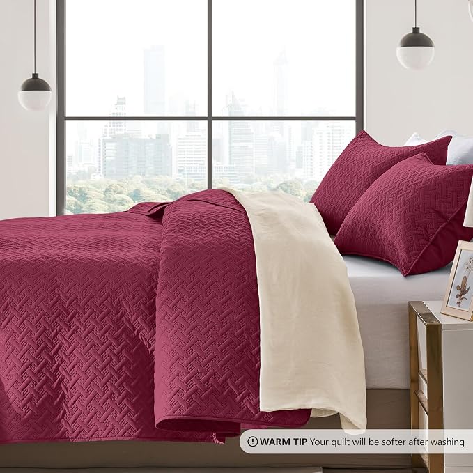 FLYMME Twin Quilt Set,Lightweight Burgundy Bedspreads,Basket Weave Pattern,Ultra Soft Microfiber Bedspread Bed Coverlet 2 Pieces for All-Seasons (1 Quilt,1 Shams)