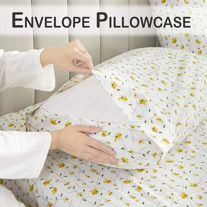 Softan Yellow Floral Twin Size Sheet Set, 3-Piece Microfiber Fitted Bed Sheet with 15" Deep Pockets & Non-Slip Straps, Kids Girls Flower Patterned Bed Sheet & Pillowcase Set