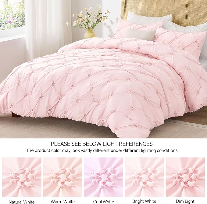 BEDELITE Full Comforter Set Baby Pink,Lightweight & Soft Comforter | Pintuck Boho Bedding, Warm & Cute Bed Set for All Season,With 2 Pillowcases