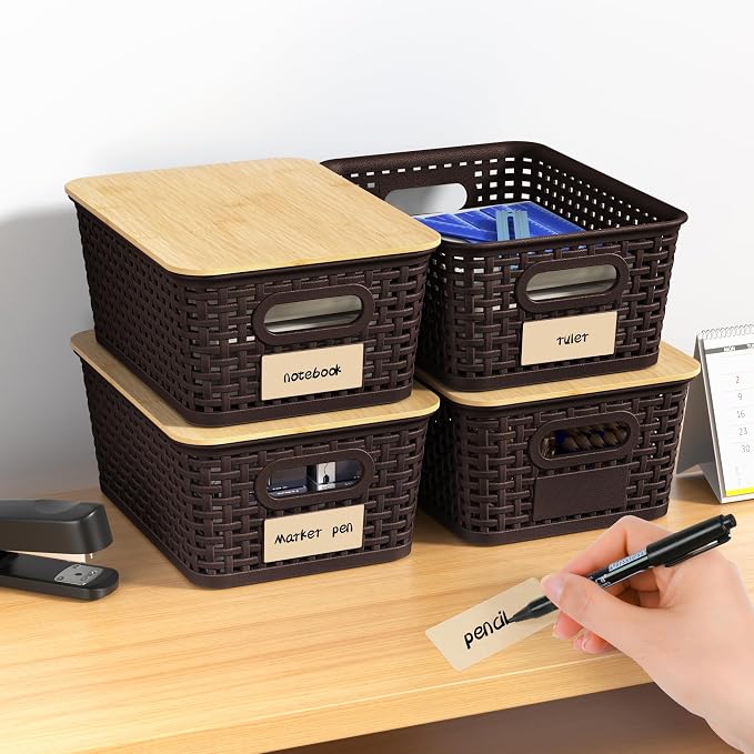 6 Pack Plastic Storage Baskets,Brown bamboo lid storage Box | Labels, Stackable, For Organizing Shelves Pantry Drawers Desktop Closets Organizing Desktop Closet Playroom Classroom