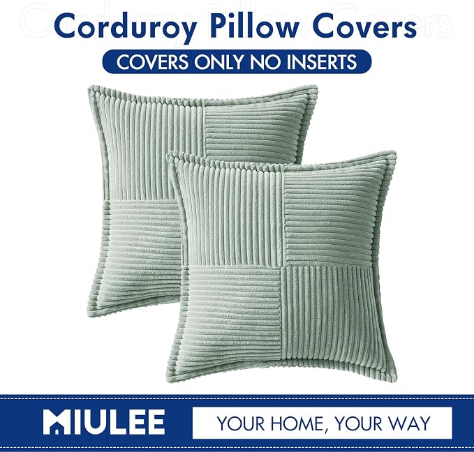 MIULEE Decorative Throw Pillow Covers for Couch 20x20 Inch Greyish Green | Boho Broadside Striped Patchwork Pillow Covers, Soft Corduroy Cushion Cases, For Sofa Bed Livingroom Home Decor