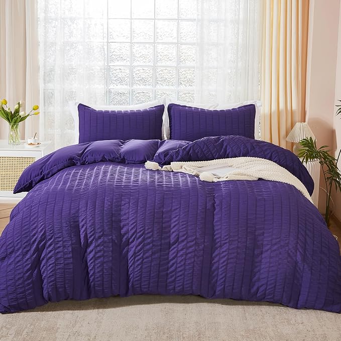 AveLom Dark Purple Duvet Cover Full(80 x 90 inches), 3 Pieces (1 Duvet Cover, 2 Pillow Cases),Seersucker Tripe Soft Washed Microfiber Textured Duvet Cover Set with Zipper Closure, Corner Ties