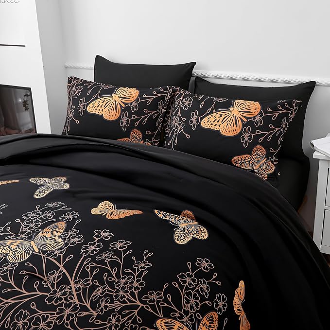 Yogeneg 7 Piece Bed in a Bag Full Size Comforter Set Black Bedding Set,Gold Butterfly Leaves Printed on Black Reversible Design,Soft Microfiber Comforter with Sheet Set,All Season(Butterfly,Full)