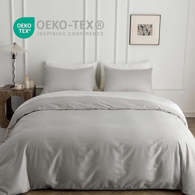 HeimenAogo Egyptian Cotton Duvet Cover California King Sateen Weave, Silky Soft and Breathable Bedding Set with Zipper Closure, Long Staple Cotton Bed Linen Moonlight Grey 3Pcs (104"×98")