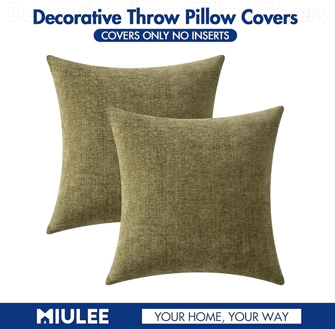 MIULEE Soft Chenille Throw Pillow Covers Olive Green 18x18 Inch Pack of 2 | Modern Home Decor, Classic Decorative Pillows, Solid Dyed Cases, Boho Couch Cushion Covers for Sofa Bed Living Room