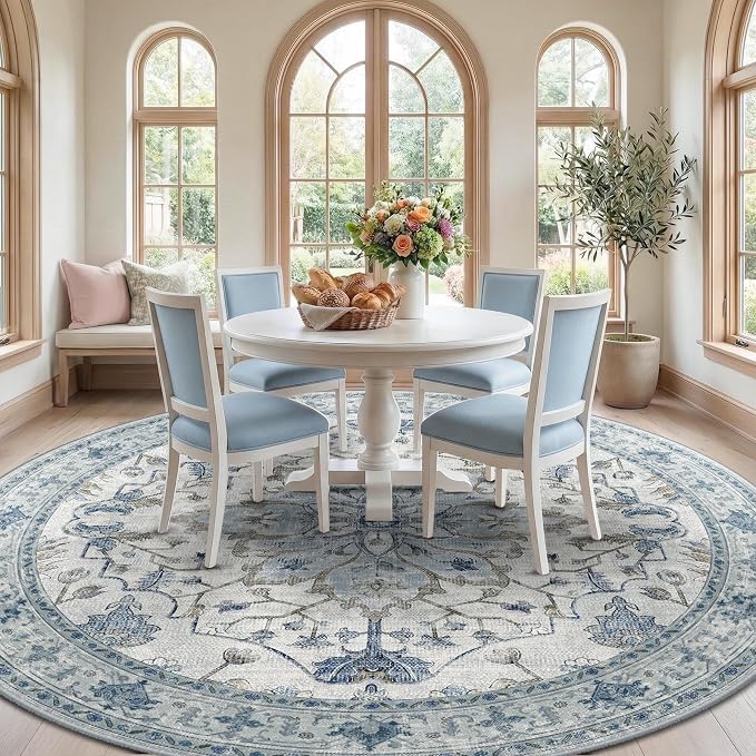 RELEANY Washable Area Rug, Round 8ft, Blue/White/Gray | Non-Slip, Water Repellent, Pet Friendly, Easy to Clean, Vintage Floral Boho Decor for Living Room Bedroom Dining Room