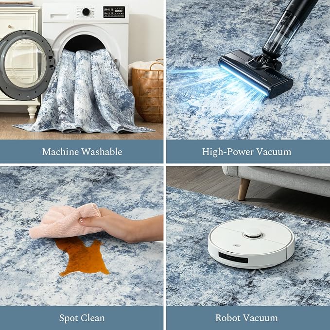 Rugflix 8x10 Area Rugs for Living Room, Washable Light Blue Grey Large Rug | Machine Washable; Stain-Resistant; Low Pile; Non-Slip; Modern Abstract; Black Carpet for Bedroom Dining Office Nursery Home