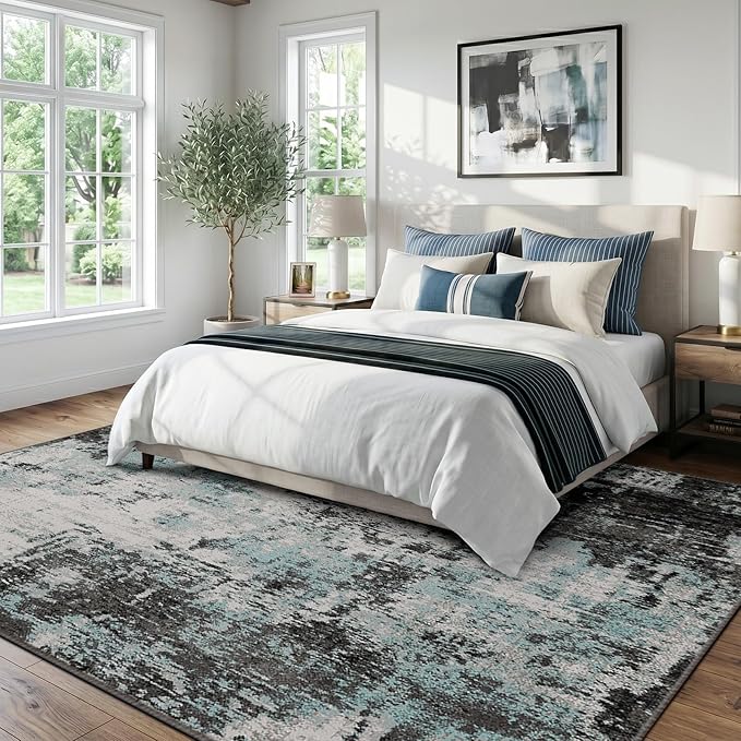 RELEANY Washable 5'x7' Abstract Area Rug for Living Room Teal Black | Carpet for Bedroom, Kitchen, Office, Hallway and Entryway, Printed Pattern, Non‑Slip, Soft, Stain‑Resistant, Easy to Clean
