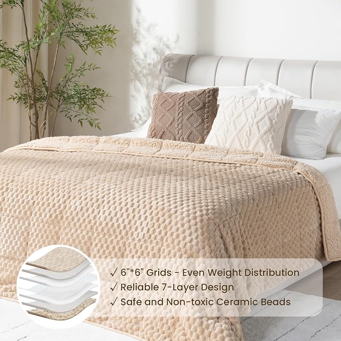 Drewin Weighted Blanket Twin Size for Adults 15lbs,Beige,48 x 72 inches | Great for Sleep Natural and Relaxing，Soft Jacquard Sherpa with Glass Beads，Cozy Heavy Throw Blankets，Machine Washable