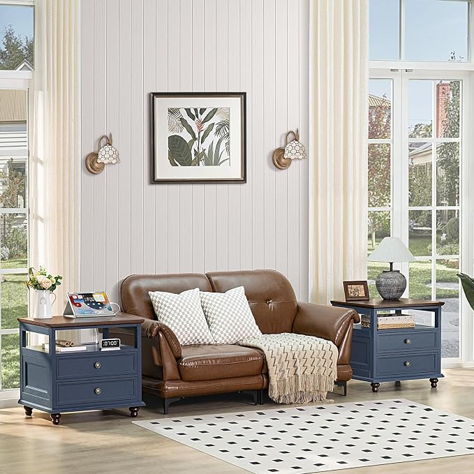 Joaxswe Farmhouse Nightstand Set of 2 with Charging Station, 24" Wide End Table with 2 Drawers,Wood Dresser for Bedroom,Bed Side Table Chest of Drawers Cabinet,Navy BlueNight Stand for Living Room