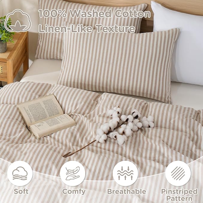 TOCOMOA Brown Striped Duvet Cover Set 100% Washed Cotton Like Linen, King | Linen-Like Feel Soft, Breathable & Comfy for All Season. Lightweight Bedding Set with Zipper & 8 Ties. 3 Pcs, No Insert
