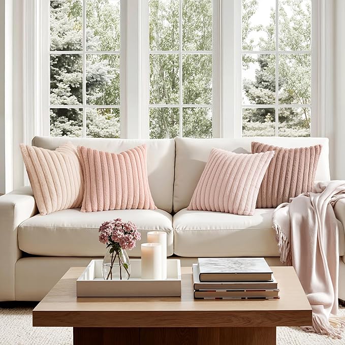 MIULEE Faux Fur Plush Decorative Throw Pillow Covers 18x18, Pink | Set of 4, Striped, Soft Cute Romantic Modern Home Decor, Cushion Cases for Sofa Couch Bed Living Room