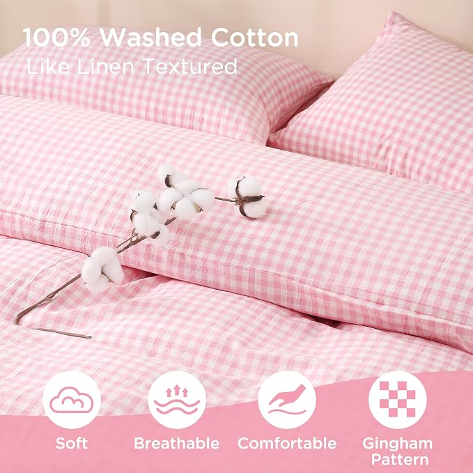 TOCOMOA Pink Gingham Duvet Cover Bedding Set Washed Cotton Like Linen Queen | 100% Washed Cotton Linen-Like Feel Soft, Breathable & Comfy. Lightweight Bedding Set with Zipper & 8 Ties. 3 Pcs, No Insert