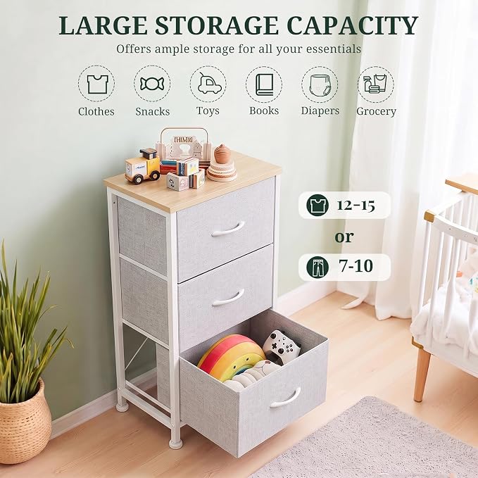 3 Drawers Dresser for Bedroom Fabric Storage Tower with Wooden Top | Steel Frame Chest of Drawers for Closet Entryway Dorm and Small Spaces, Light Gray