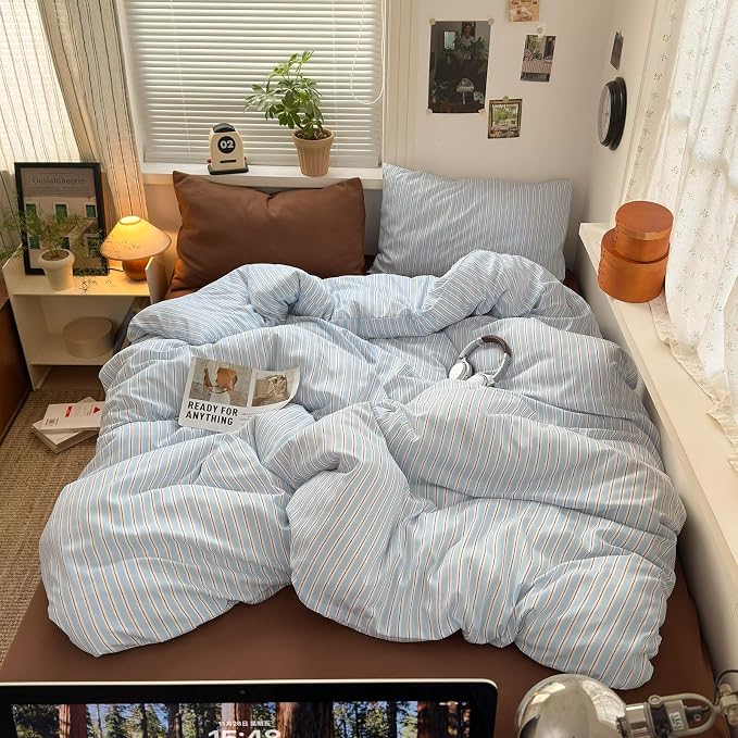 mixinni Vintage Striped King Duvet Cover Set, Washed Microfiber Coastal Bedding, Light Blue Brown Vertical Stripe Comforter Cover with Zipper & Corner Ties, (1 Duvet Cover + 2 Pillowcases)