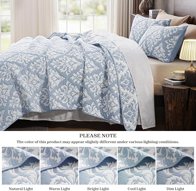 Exclusivo Mezcla Cotton Quilts Queen Size Blue | Soft Lightweight Bedspread, Breathable Prewashed Yarn Dyed Muslin, All Season Bedding Set, Boho Coverlet With 2 Pillow Shams