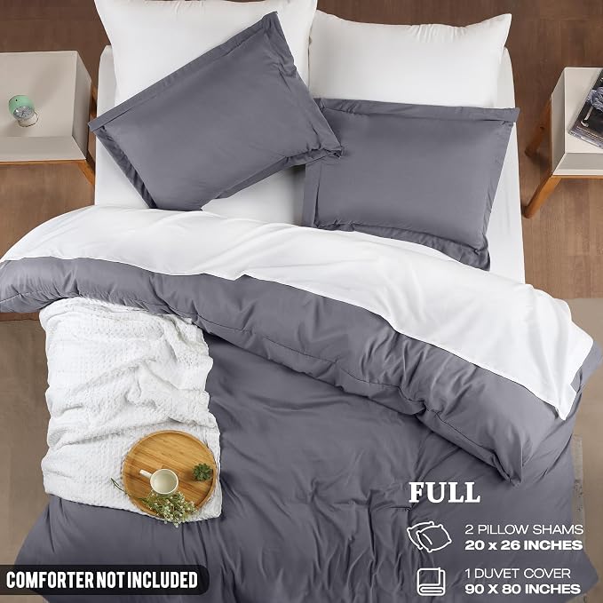 Duvet Cover Full, 3 Piece Cotton Like Polyester With Zipper Closure, Grey | Extra Soft and Breathable, Wrinkle & Fade Resistant, Includes Duvet Cover and 2 Pillow Shams, Comforter Not Included, OekoTex
