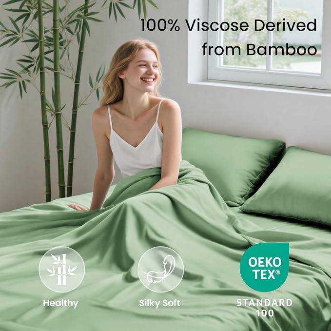 Love's cabin 3 Piece Twin Sheet Set, 100% Rayon Derived from Bamboo, Cooling & Breathable, Soft Silky Deep Pocket up to 16", Hotel Luxury Bedding for Hot Sleepers, Sage Green