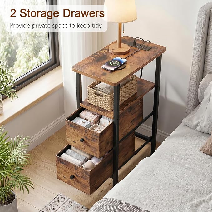 LOAKEKEL Narrow End Table with Charging Station, Small Nightstand | Skinny Side Tables Living Room with 2 Fabric Drawers, Slim Bedside Table for Bedroom, Small Spaces, Couch, Rustic Brown