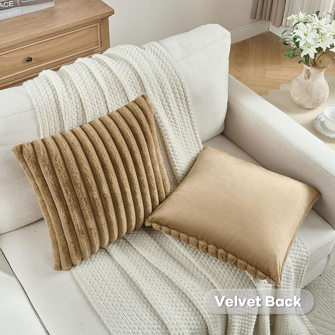 FUTEI Pack of 2 Faux Fur Throw Pillow Covers 20x20 Inch, Camel | Fluffy Faux Rabbit Fur Front/Premium Velvet Back,Hidden Zipper,Machine Washable,Non-Shedding,Colorfast,Insert Not Included.