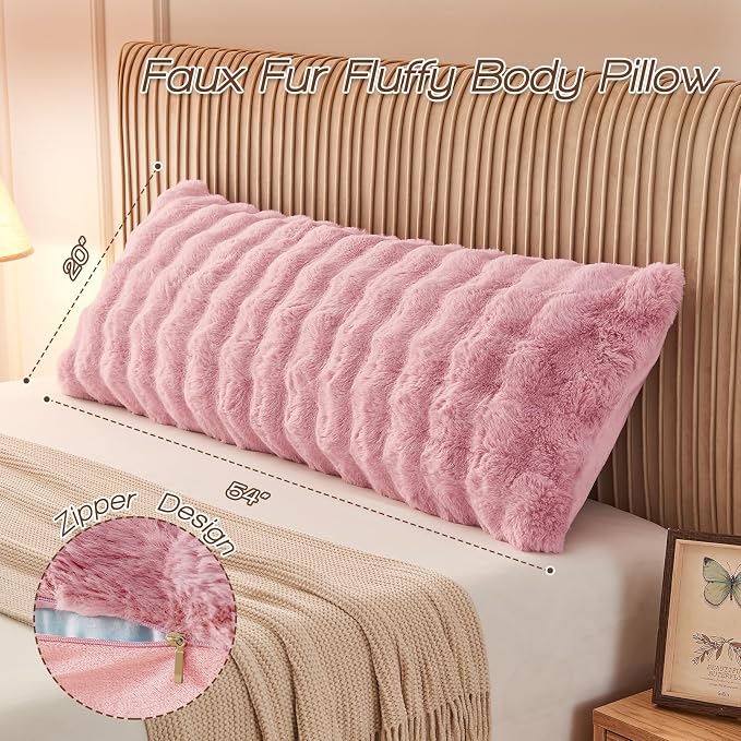 YZ HOME Faux Fur Fluffy Body Pillow for Adults, Soft Support | Firm Body Pillow, Adjustable Support for Side Sleeping, Pregnant Women, Washable cover,Gifts, 20x54 Inch (Pink)