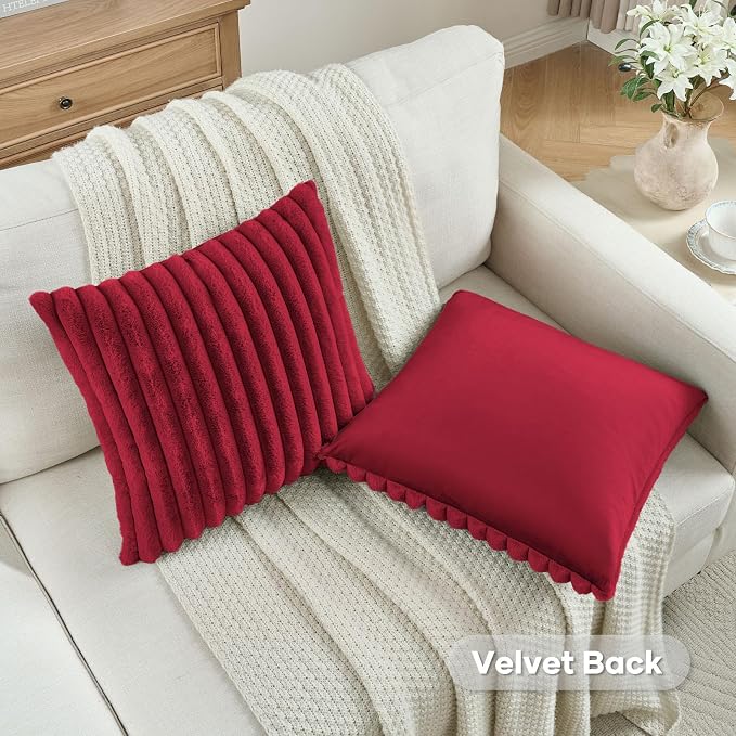 FUTEI Pack of 2 Faux Fur Throw Pillow Covers 20x20 Inch, Retro Red | Fluffy Faux Rabbit Fur Front/Premium Velvet Back,Hidden Zipper,Machine Washable,Non-Shedding,Colorfast,Insert Not Included.