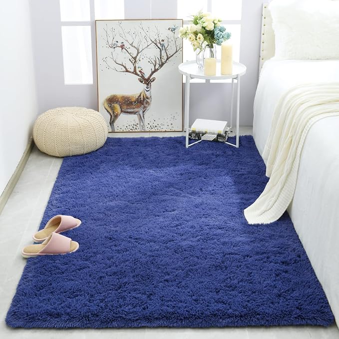 Modern Soft Fluffy Large Shaggy Rug for Bedroom Livingroom Dorm Kids Room Indoor Home Decorative, Non-Slip Plush Furry Fur Area Rugs Comfy Nursery Accent Floor Carpet 4'x6' Light Navy