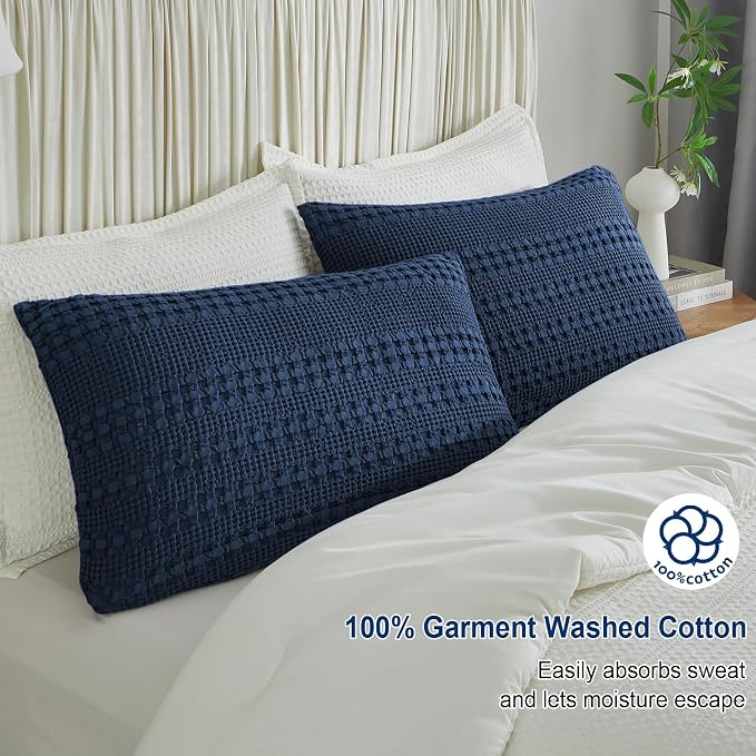 PHF 100% Cotton Waffle Pillow Shams King Size, 2 Pack 20" x 36" Soft Skin-Friendly Pillowcases, No Filling, Aesthetic Woven and Breathable Waffle Weave Pillow Case Covers for Bed, Blue Sapphire