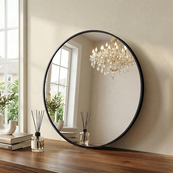 Sweetcrispy Round Bathroom Wall Mirror, Vanity Mirror, 24 Inch | Matte Metal Frame, Over Sink Entryway Bedroom Decor, Hanging Home Style, Black