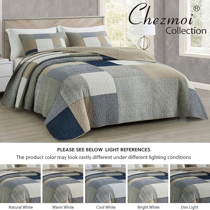 Chezmoi Collection Addy 3-Piece Navy Blue White Gray Taupe Plaid Patchwork Quilt Set - Pre-Washed Cotton Quiltd Lightweight Reversible Bedspread for All Seasons, Super King Size 128x110