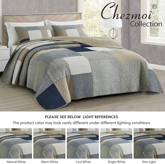 Chezmoi Collection Addy 3-Piece Navy Blue White Gray Taupe Plaid Patchwork Quilt Set - Pre-Washed Cotton Coverlet - Lightweight Reversible Bedspread, King Size