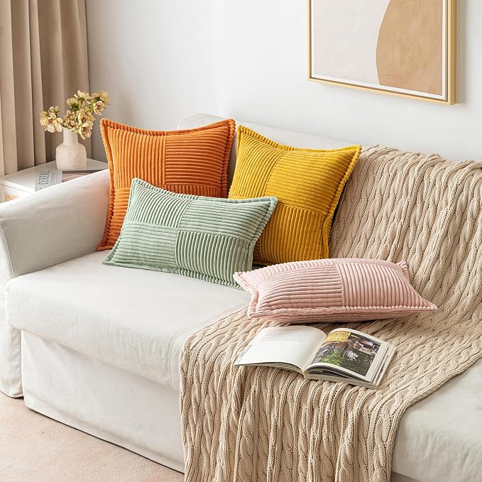 MIULEE Fall Burnt Orange Decorative Throw Pillow Covers 16x16 Inch 2 Pack | Boho Broadside Striped Patchwork Pillow Covers, Soft Corduroy Cushion Cases, For Couch Sofa Bed Livingroom Home Decor