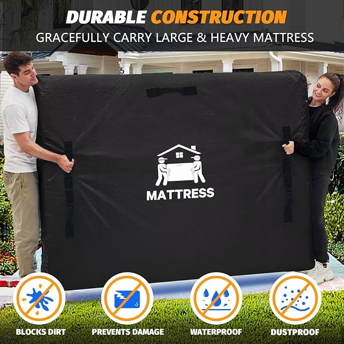 Mattress Bags for Moving, BETU Mattress Protector Waterproof Mattress Cover Queen Size Storage Bags with 8 Heavy-Duty Handles and Zipper for Bed Extra Thick Large Reusable(2 Pack, 82"x62"x15" Black)