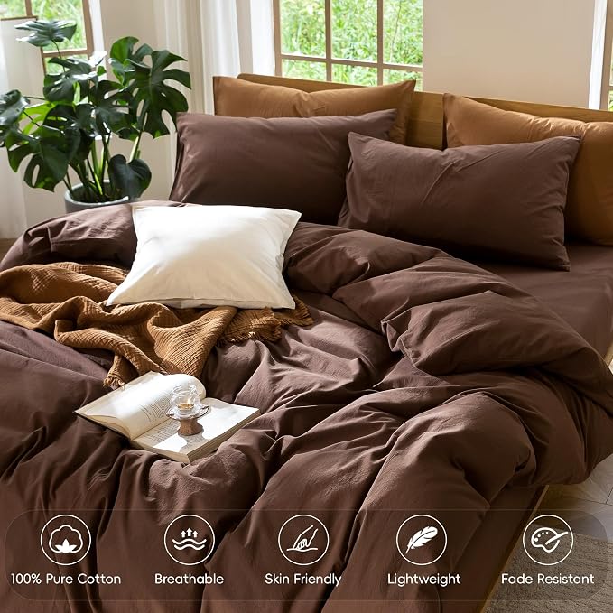 MooMee Duvet Cover Set 100% Washed Cotton Linen Like Queen | Relaxed Linen-like Texture. Soft, Breathable & Long-lasting Comfort. Lightweight. Hidden Zipper with 8 Interior Corner Ties