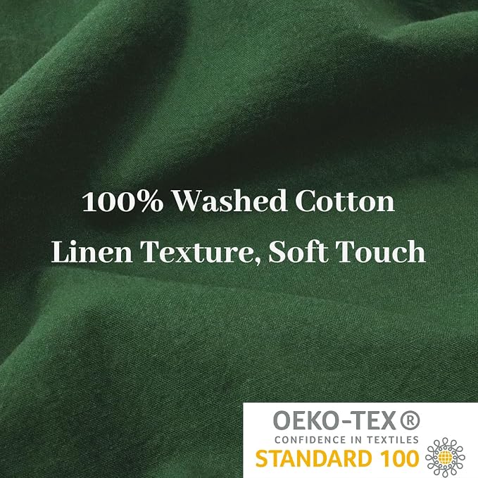 NEXHOME PRO Duvet Cover Set Oversized Queen 98"x98" Linen Look Textured Organic Natural 100% Washed Cotton Duvet Cover 3 Pieces Bedding Set Zipper Closure, Breathable, Forest Green (No Comforter)